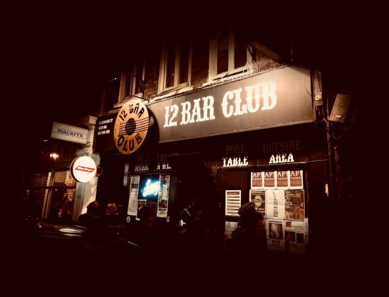 12 Bar Club at night, Denmark Street, London