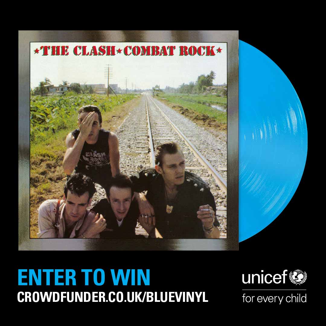 The Clash Combat Rock album cover on a UNICEF Blue Vinyl launch promotion card