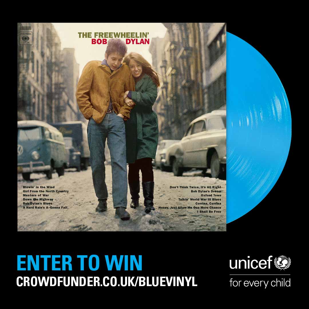 Bob Dylan The Freewheelin' album cover on a UNICEF Blue Vinyl launch promotion card