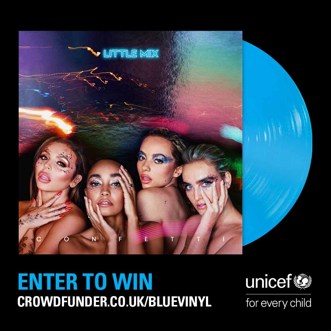 Little Mix Confetti album cover on a UNICEF Blue Vinyl launch promotion card