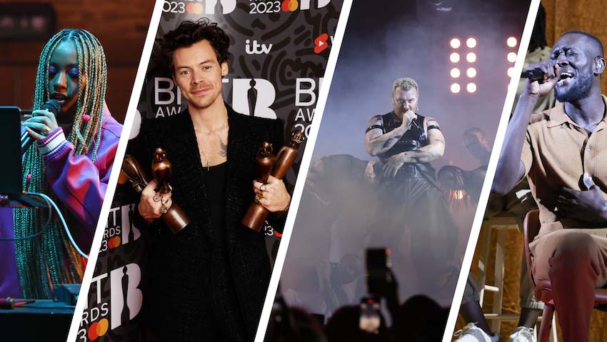 A collage of artists performing at the BRIT Awards