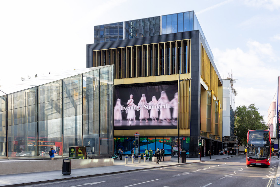 The Now Building at Tottenham Court Road displaying images from the Evening Standard newspaper