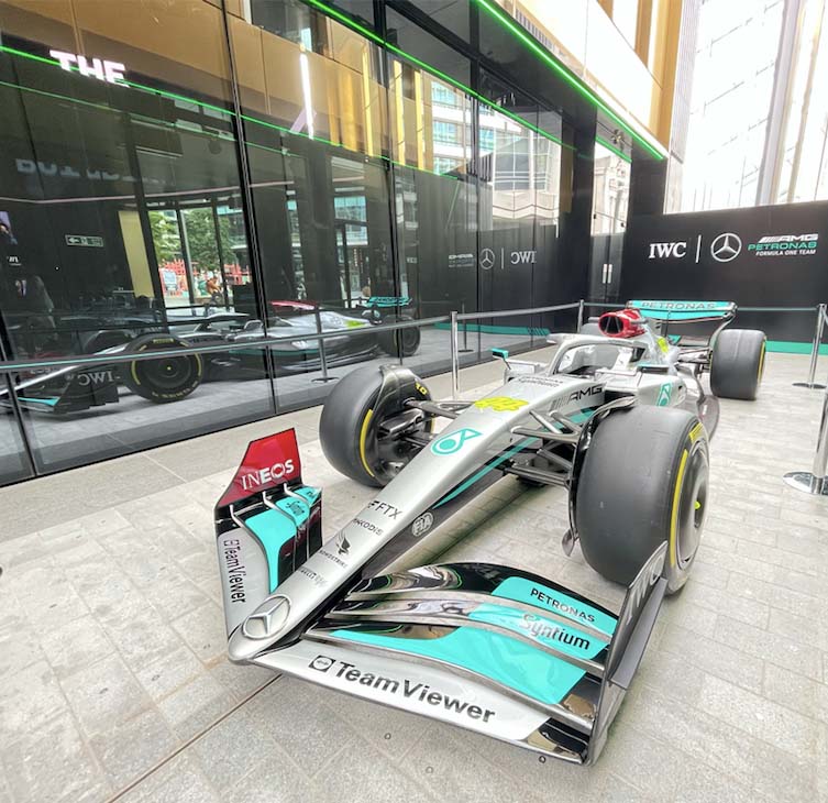 A Mercedes Formula One car with IWC sponsorship