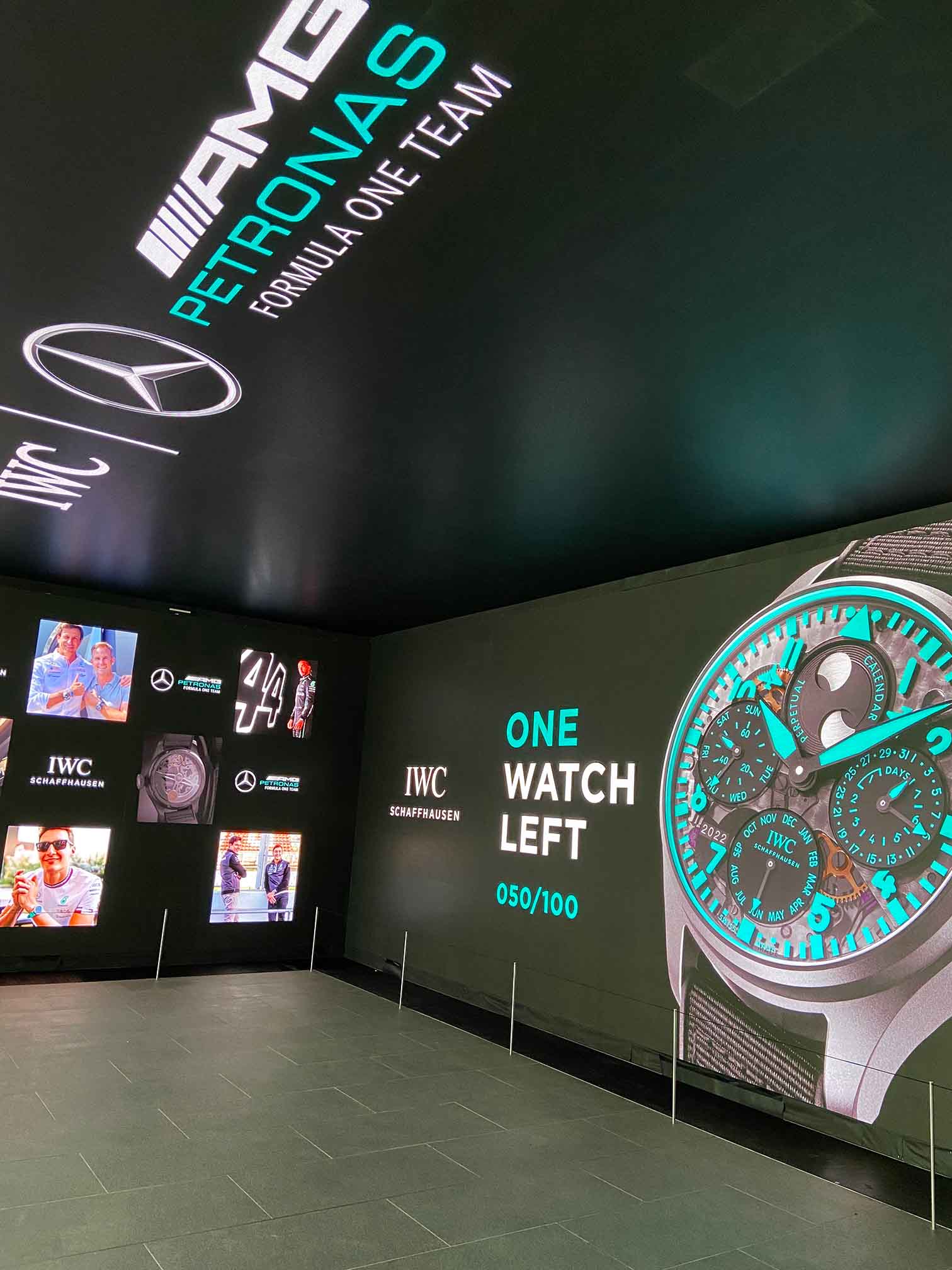 Displays showcasing the IWC and Mercedes Formula One partnership