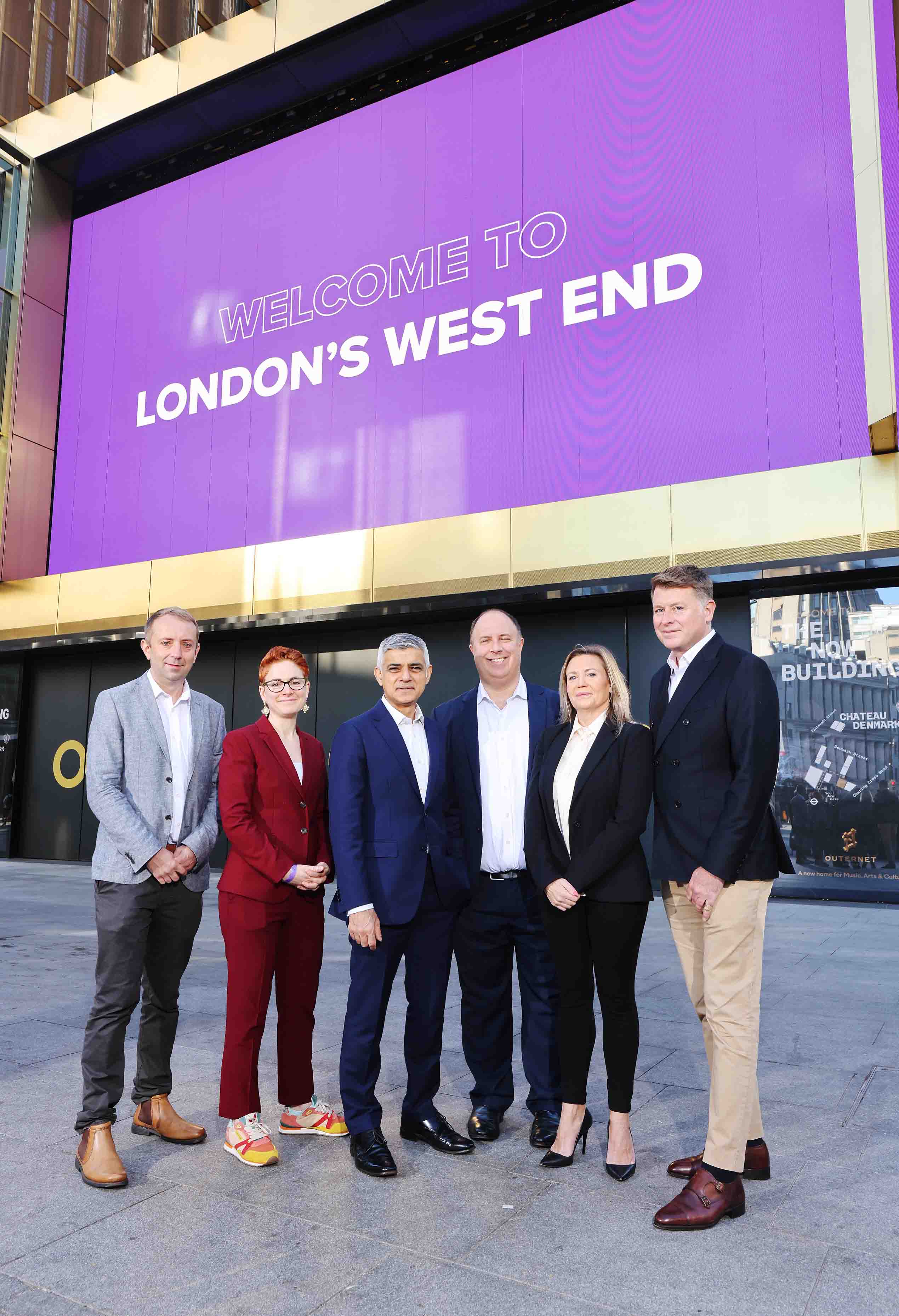 Mayor of London Sadiq Khan with the West End team and Philip O'Ferrall standing in front of The Now Building