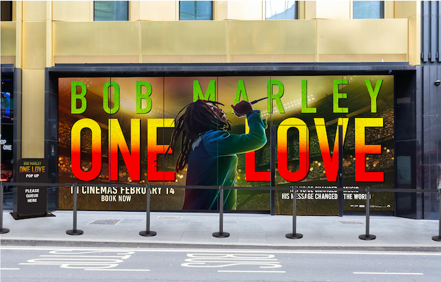 Bob Marley One Love movie promotional pop up at Outernet