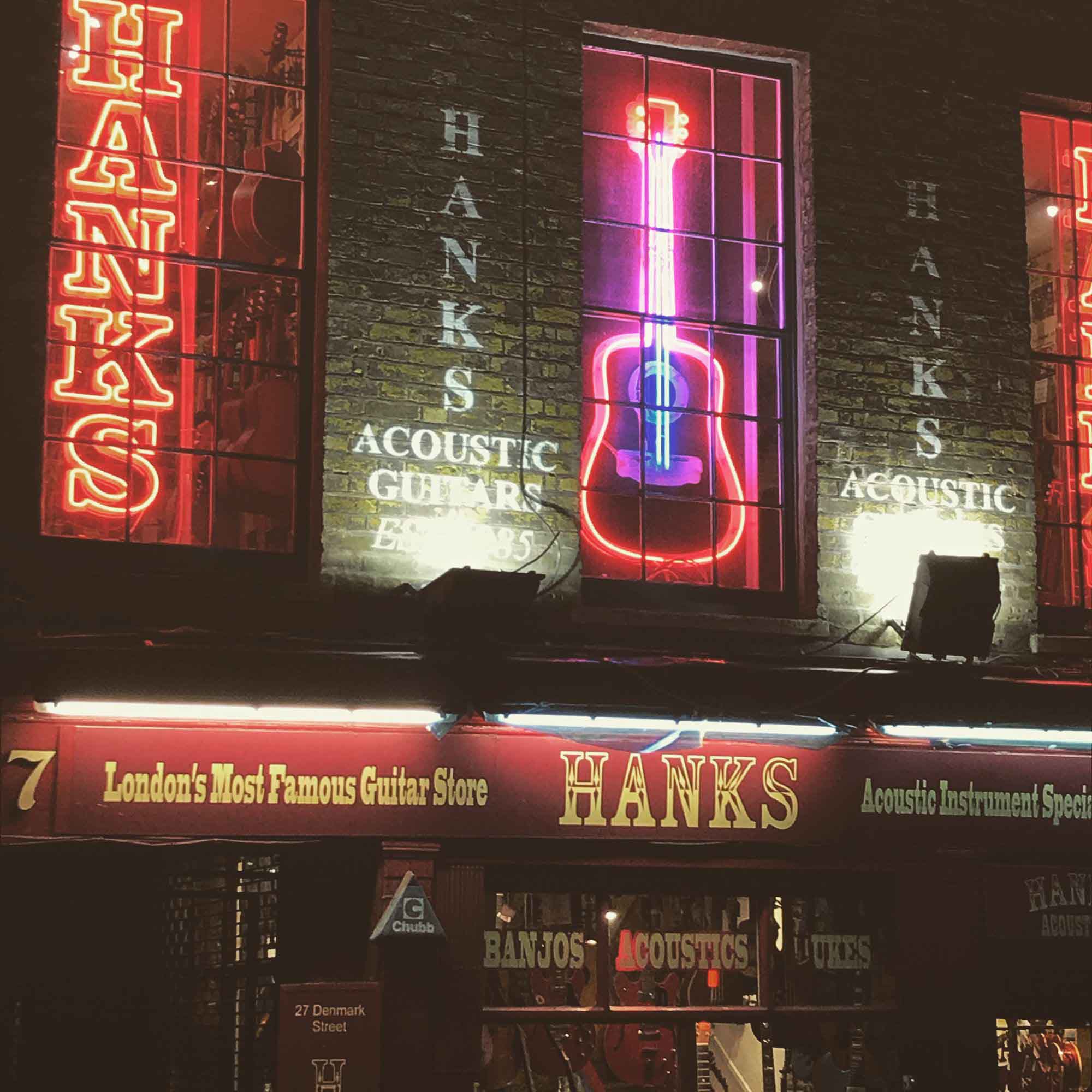 Exterior of Hanks Guitars on Denmark Street